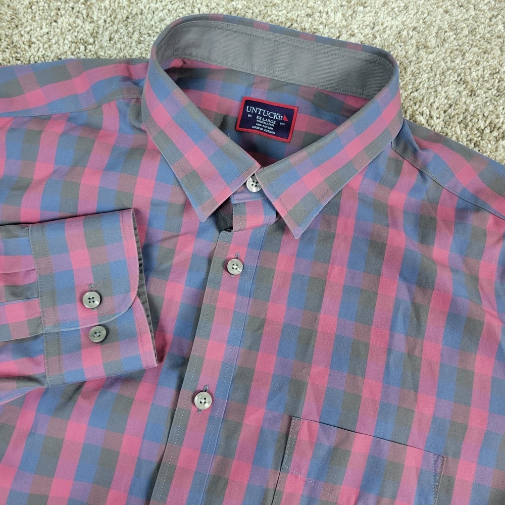 Untuckit Wrinkle Free Mens 2XL Red Blue Check Button Down Long Sleeve